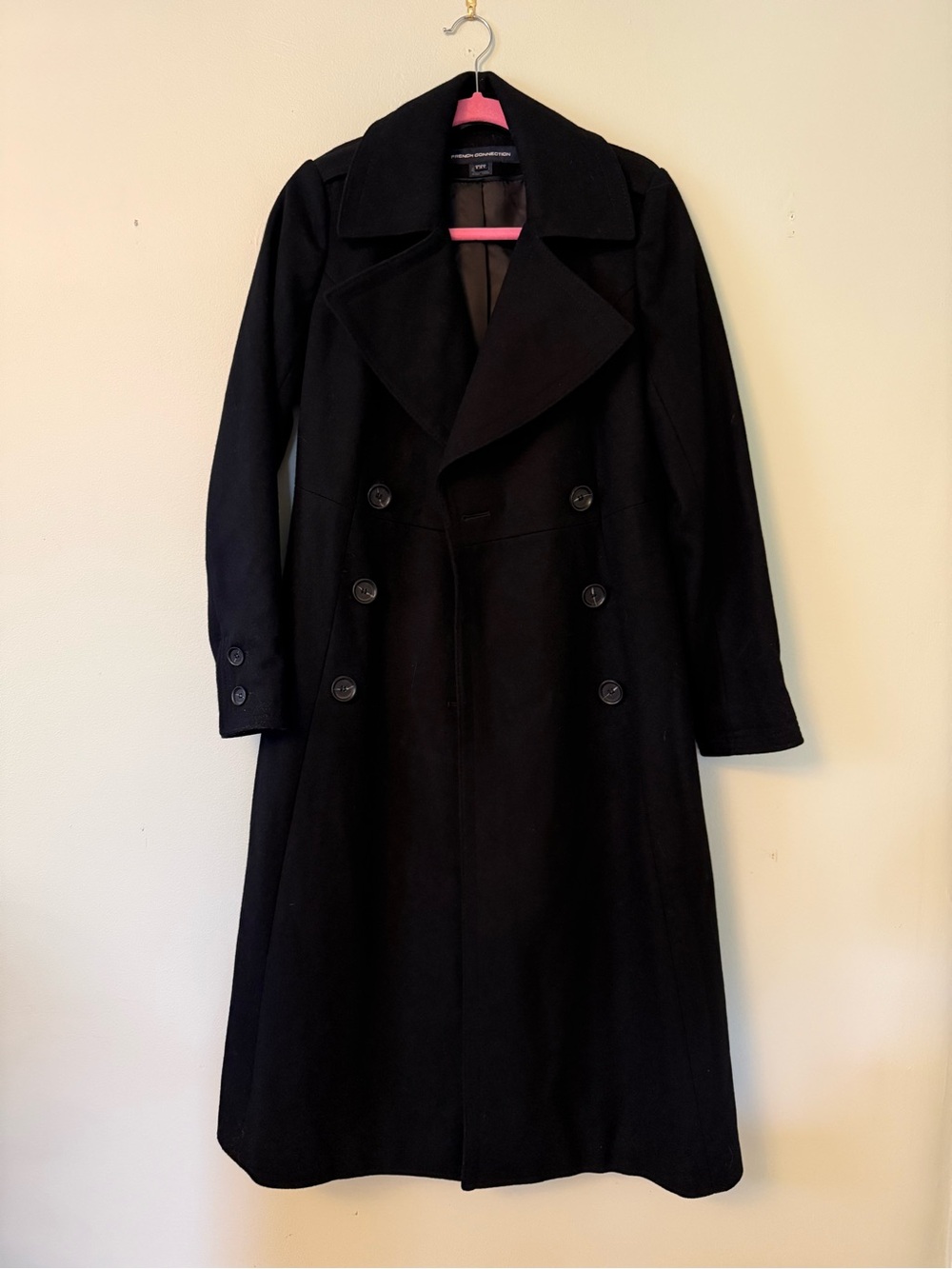 French Connection Black Double-Breasted Long Wool Coat